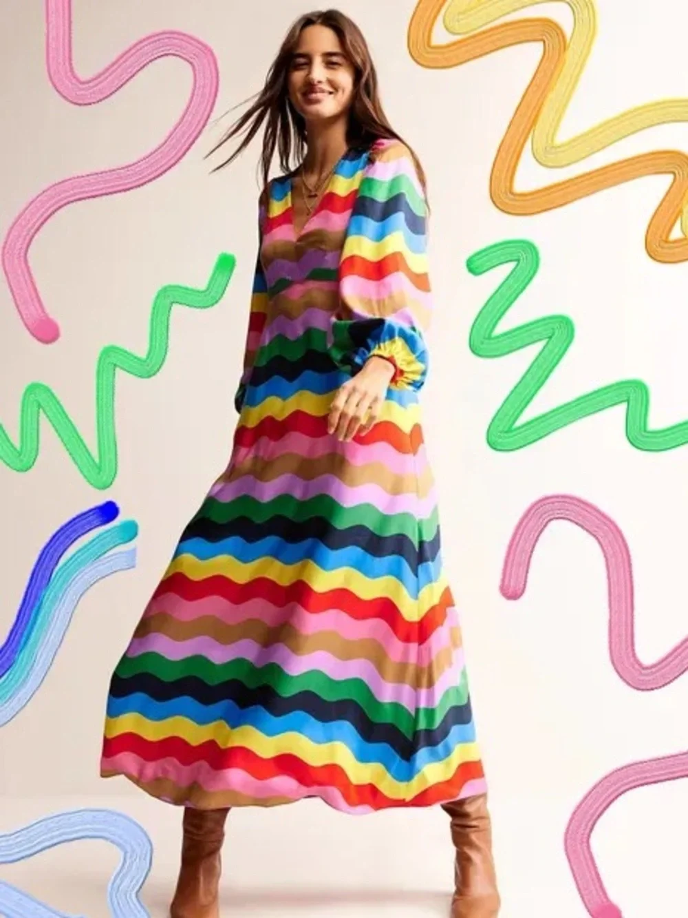 Boden Francis empire long sleeve v neck maxi tea dress rainbow striped 8R nwt